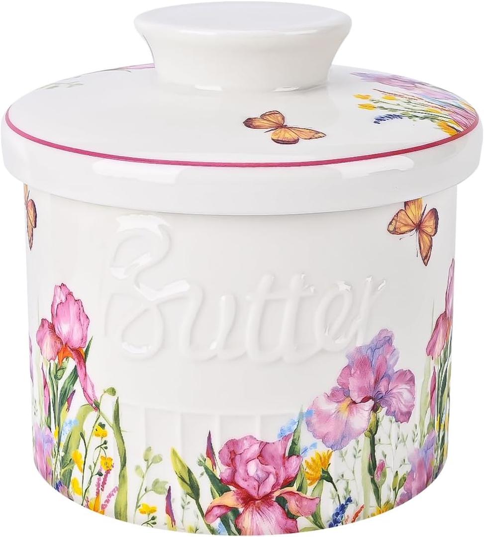 Ceramic Butter Crock With Water Line, Keeper for Counter, French Dish With Lid for Spreadable Fresh Butter (Spring Pink)
