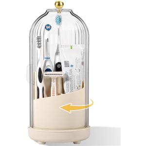 Rotating Toothbrush Holders with Cover, Dustproof Toothbrush Holder with Sliding Lid Electric Tooth Brush and Toothpaste Organizer for Bathroom, Makeup Brush Holder for Vanity, Beige