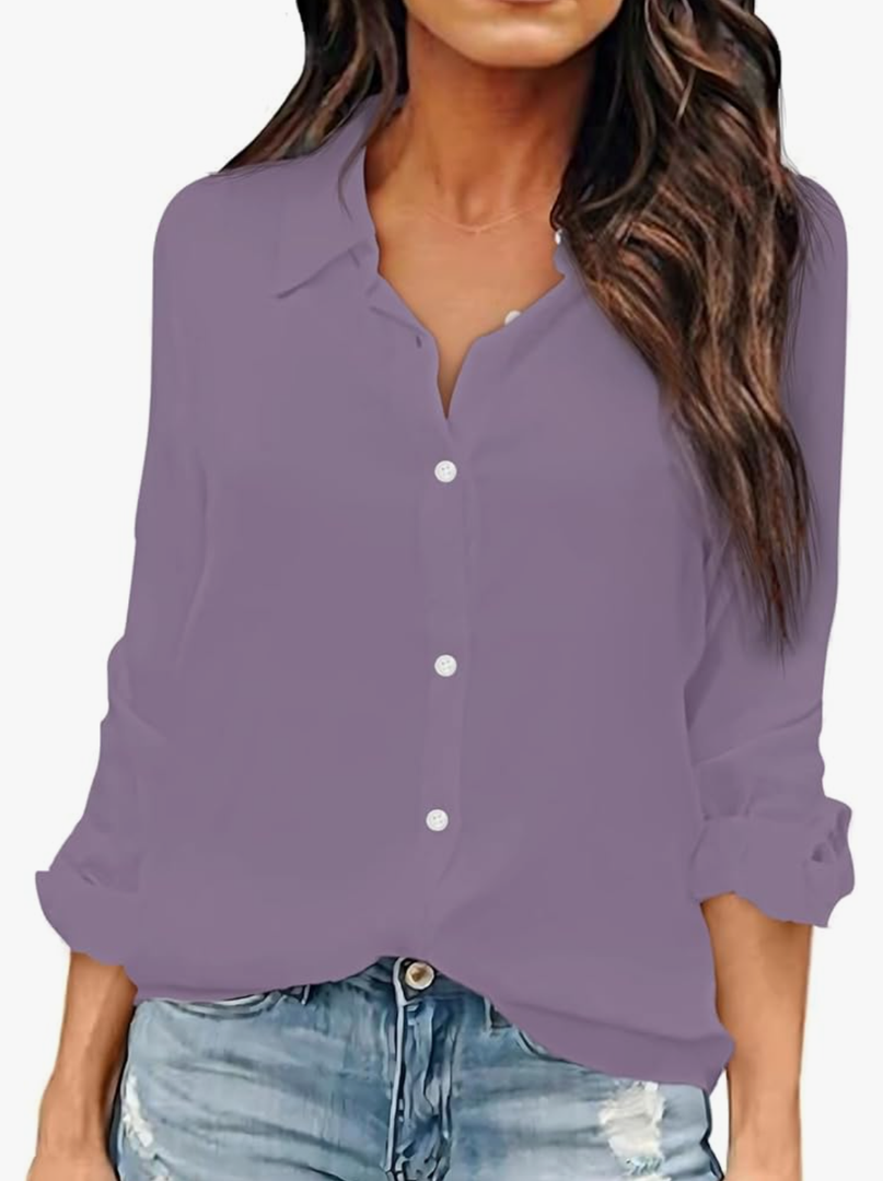 OMSJ Women Button Down Shirts Long Sleeve Chiffon Office V Neck Casual Business Blouses Tops, S