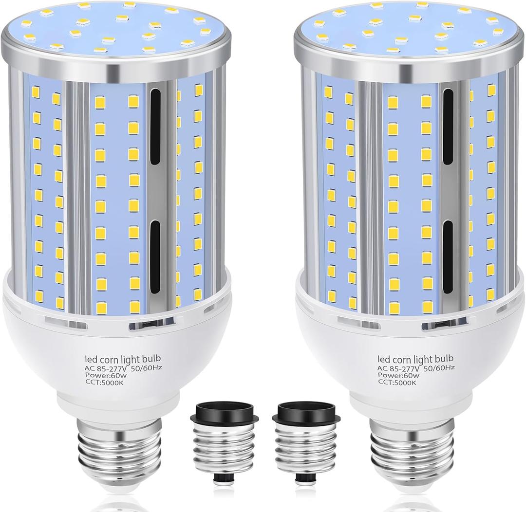 60W LED Corn Light Bulb(2 Pack),(600 Watt Equivalent) Fanless E26/E39 Medium/Large Mogul Base LED Cob Lamp 5000K Daylight 6,900LM for Outdoor Indoor Garage Warehouse Factory Workshop Street Backyard