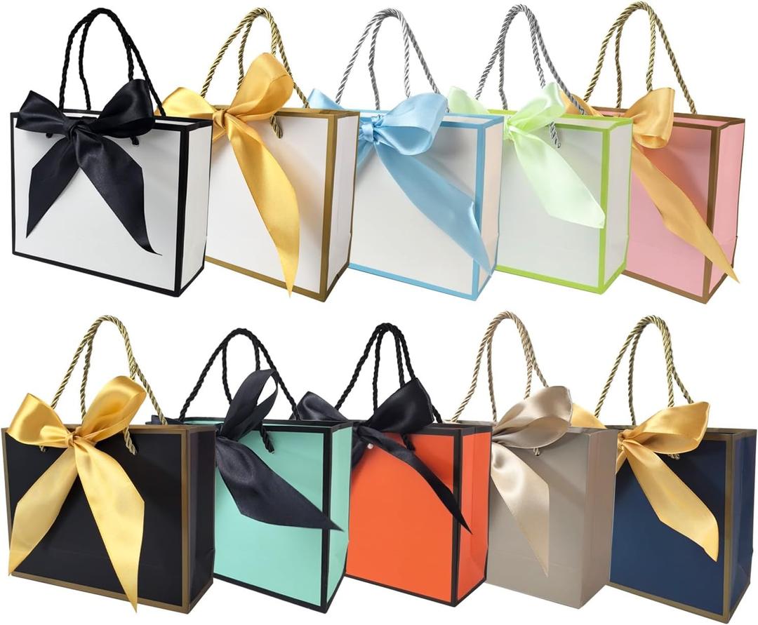 TKSBAG 10 Pack Gift Bags with Handles & Ribbon, Assorted Colors Party Favor Bags Bulk for kids Birthday, Baby Shower, Bridal Shower, Back to School-Small