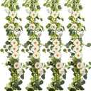 6Pcs 35Ft Eucalyptus Garland with White Rose Flowers, Faux Greenery Garland Vines, Artificial Flower Garlands for Wedding Table Backdrop Arch Wall Party Ceremony Decorations