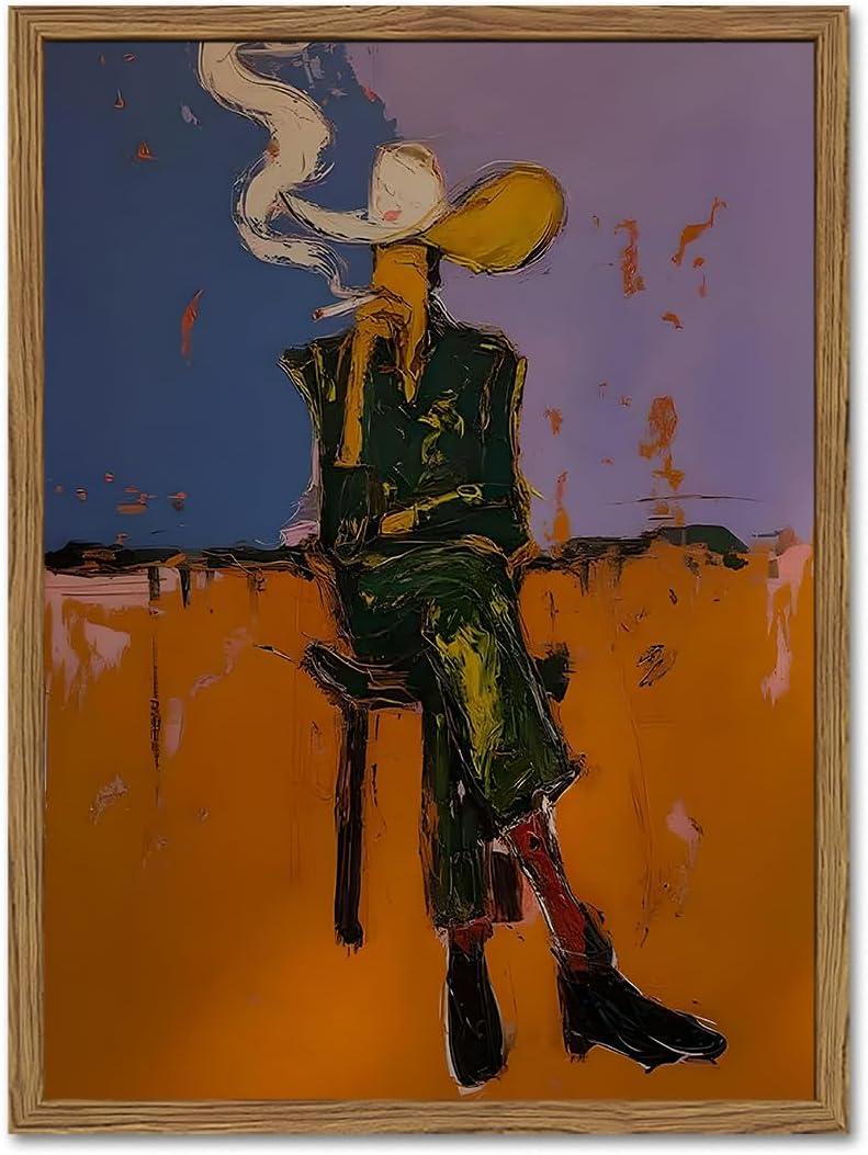 Abstract Western Cowboy Wall Art Modern Colorful Cowboy Wall Decor Contemporary Western Expressionist Poster Canvas Painting Print for Living Room Bedroom 24x16 inch Wood Framed