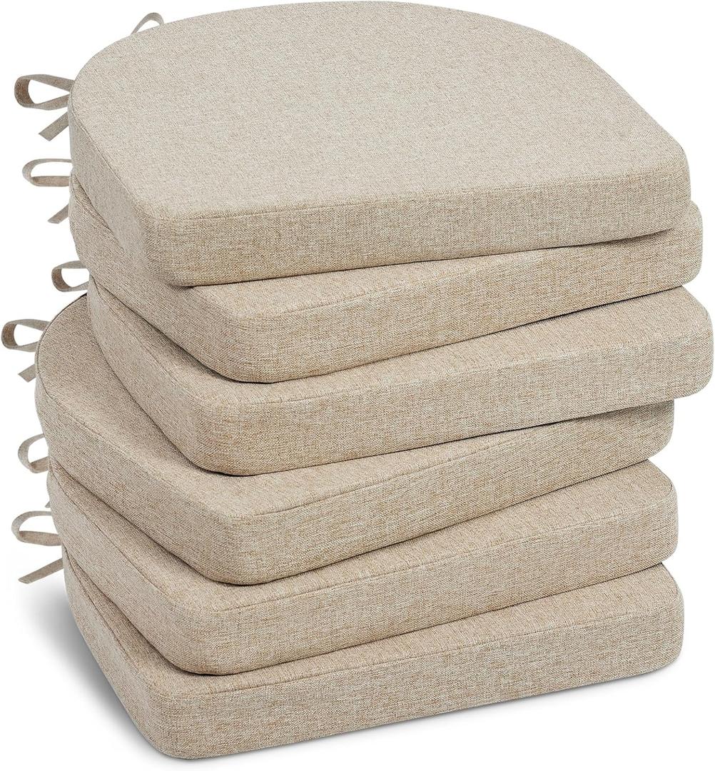 Shinnwa Kitchen Chair Cushions Set of 6, Non-Slip Dining Chair Cushions with Ties and Machine Washable Cover, 6 Pack, 17 x 16.5 x 2in, Light Linen