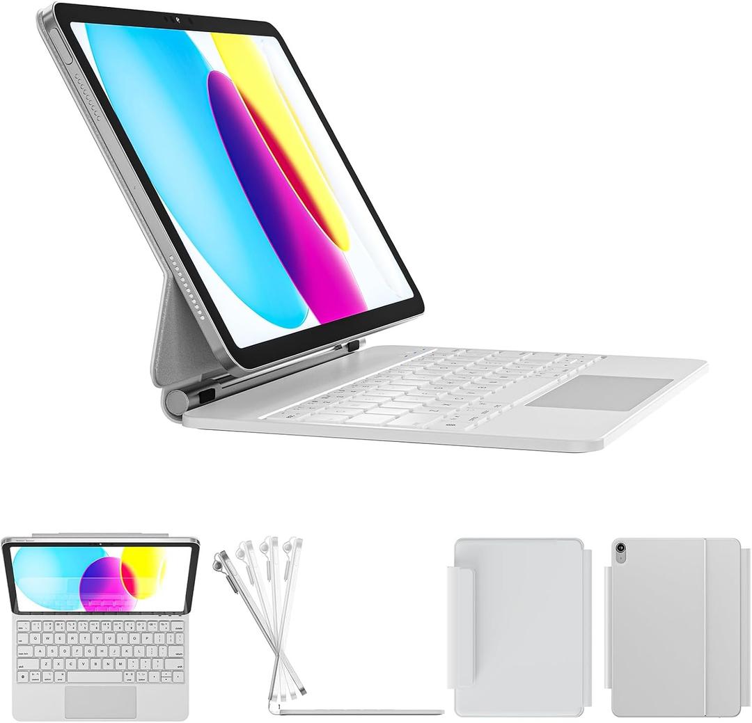 RAYMCRAFT for iPad 11th(A16, 2025)/10th Generation Case with Keyboard, Magic Keyboard 2022, Springy Backlit Keys, Stain-Resistant Surface, Multi-Touch Trackpad, White