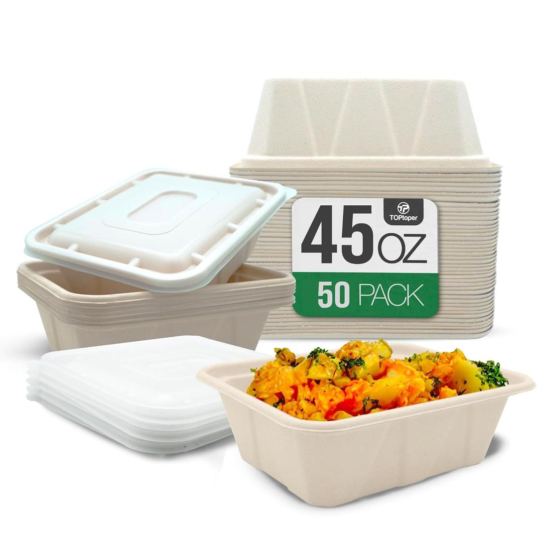 TOPtoper 50 Pack 45 Oz Large Paper Bowls with Lids, Heavy Duty Compostable Paper Bowls for Party, Disposable Bowls Bulk Leakproof and Microwave Safe for Hot/Cold Use (45 OZ)