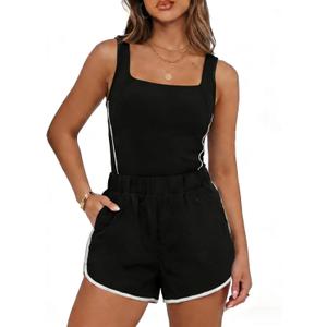 Chunpin Women's Rompers 2026 Athletic Jumpsuits Square Neck Sleeveless Shorts Romper with Pockets One Piece Outfits Summer (Black, XS)