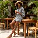 VAOYIU Two Piece Sets for Women Casual Summer Gingham Outfit Puff Sleeve Crew Neck Top Matching Shorts Set with Scalloped Hem S