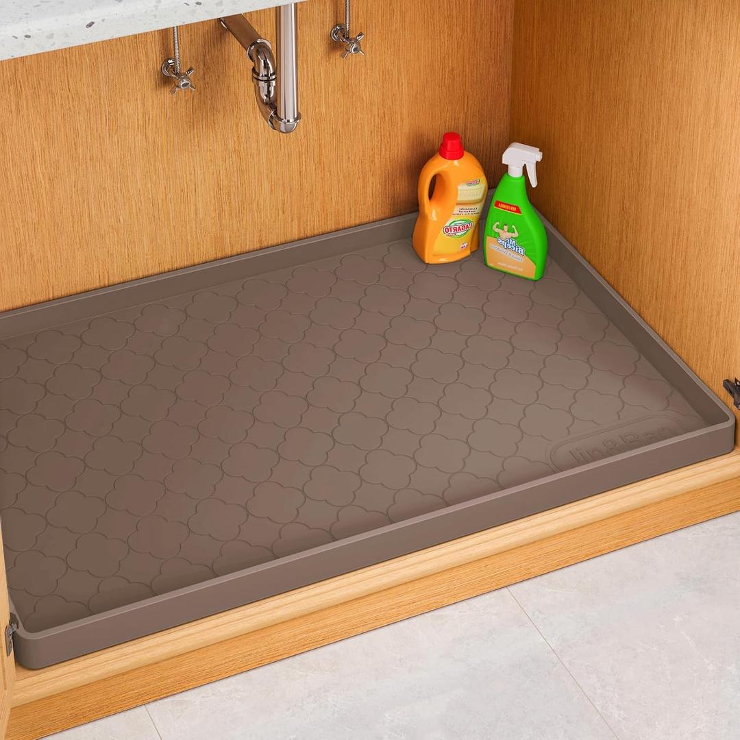 Jin&Bao Waterproof Under Sink Mat 34" x 22", Thick Silicone Mat Cabinet Protector for Kitchen and Bathroom, Shelf Liner, Home Organizer and Storage, Multipurpose Tray for Gadgets and Essentials (Brown)