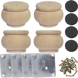 2 Inch Wooden Furniture Legs, Solid Wood Unpainted Replacement Furniture Legs, Cabinet Legs/Desk/Sofa/Bookcase Bun Feet, DIY Wooden Round Legs with Mounting Plate & Screws Set of 4 (2 Inch)
