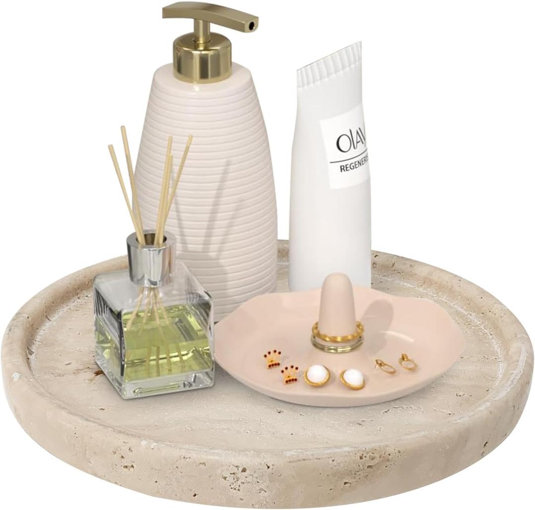 Travertine Tray, Small Ceramic Vanity Tray for Bathroom Counter Decor, Round Marble Decorative Trays for Coffee Table (Beige, Medium Size) (7.8")