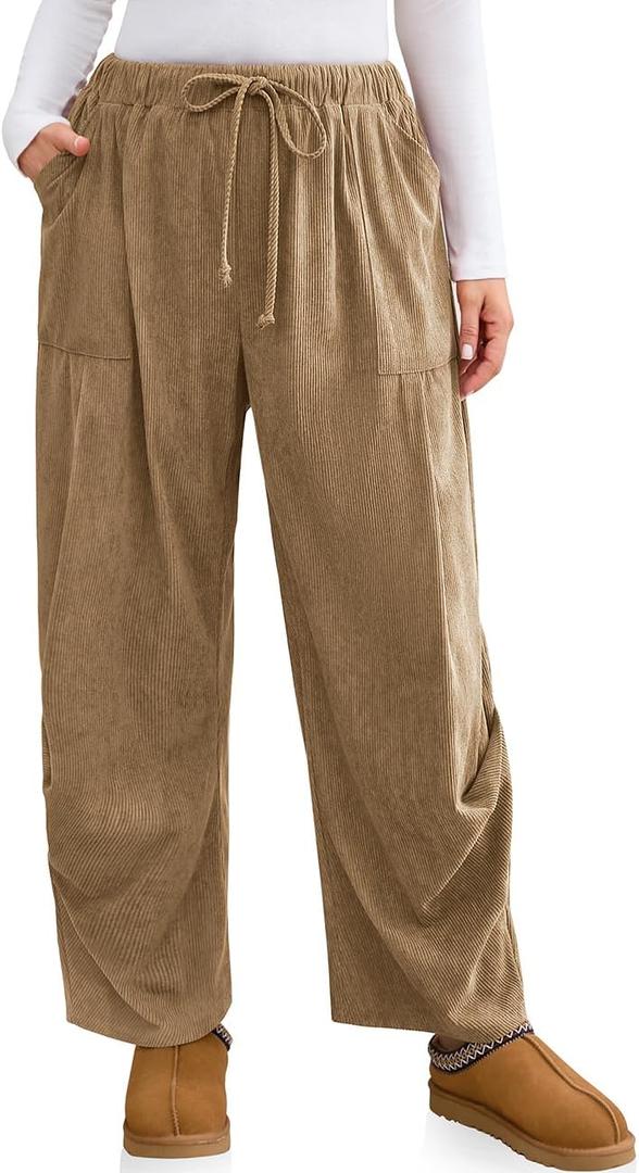 TARSE Women Corduroy Baggy Harem Pants Drawstring Loose Wide Leg Casual Lounge Pant 2025 Travel Vacation Clothes with Pockets (Brown, M)