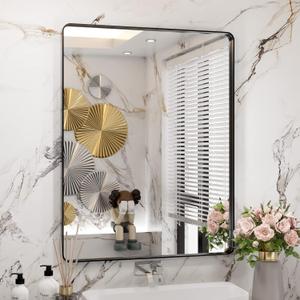 WEER Black Bathroom Mirror for Wall 28X36 Inch, Rectangular Black Metal Framed Vanity Mirror, Farmhouse Bathroom Mirror with Tempered Glass, Rounded Corner, Anti-Rust (Horizontal/Vertical) (28"L x 36"W)