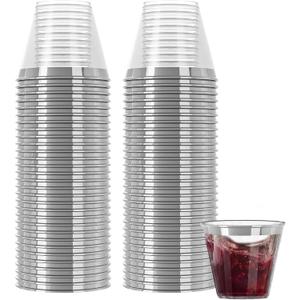 R-kay Silver Plastic Cups - 100 Pack - 9 Oz Clear Cups - Hard, Disposable, Heavy Duty Party Cups - Plastic Wine & Cocktail Glasses