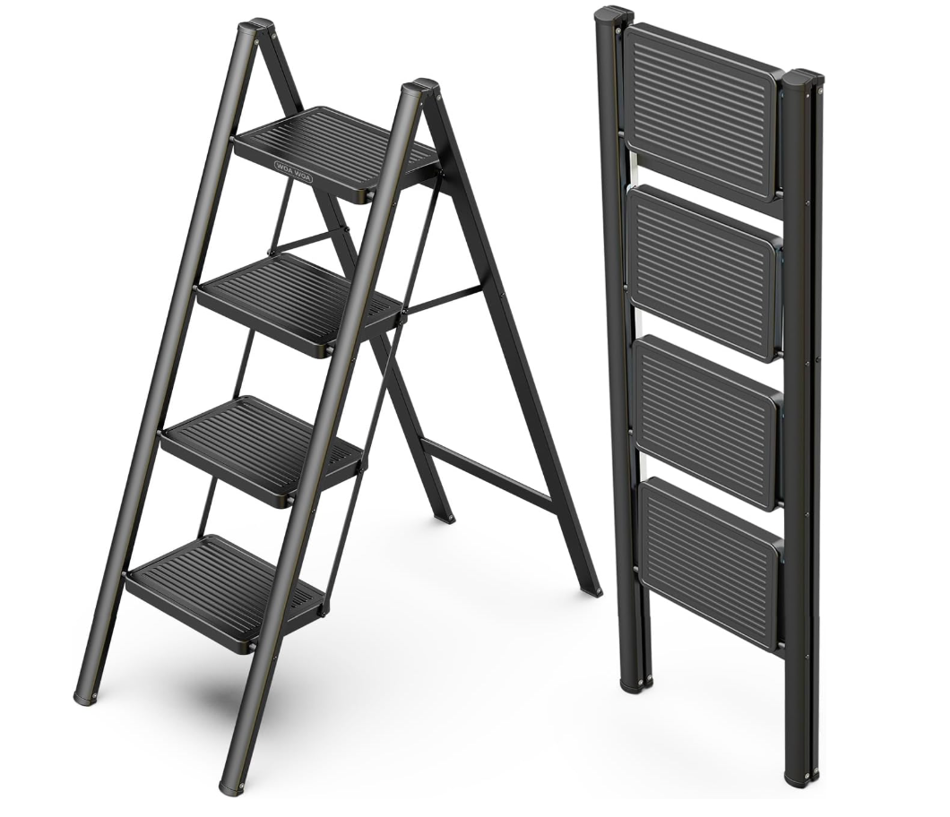 4 Step Foldable Step Stool, 330lbs Load, Black
Folded 46'' H x 2'' T; Net 12.5 lbs; Anti-Slip Feet Grip Wood, Tile, Carpet; Wide Pedals; For Shelves, Repairs.
