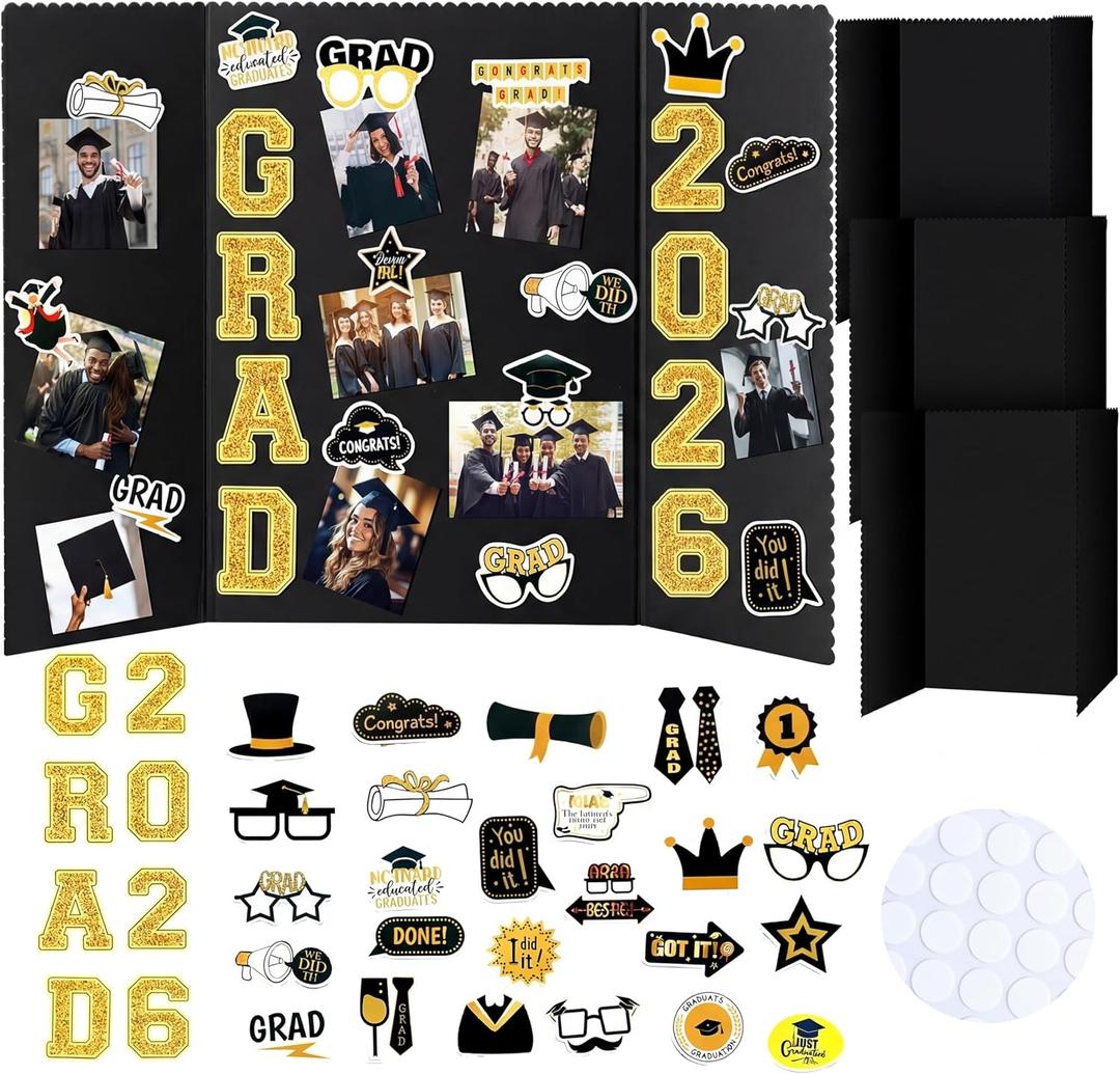 MiniInflat 4 Set Graduation Photo Display Board Trifold Poster Board for Class of 2026 Grad Party Picture Display Graduation Photo Frames for Multiple Pictures Table Decor(Gold,24 x 16 Inches)