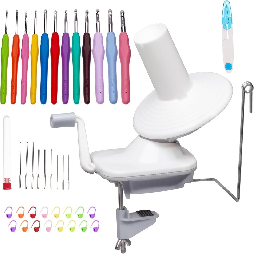 AMZTKDIY Yarn Winder Set with 12 Crochet Hooks | Electric & Manual Ball Winder for Crocheting | Large 10(3.5) oz Capacity, Stepless Speed Control, Low Noise (White-Gray (Manual Capacity 3.5oz))