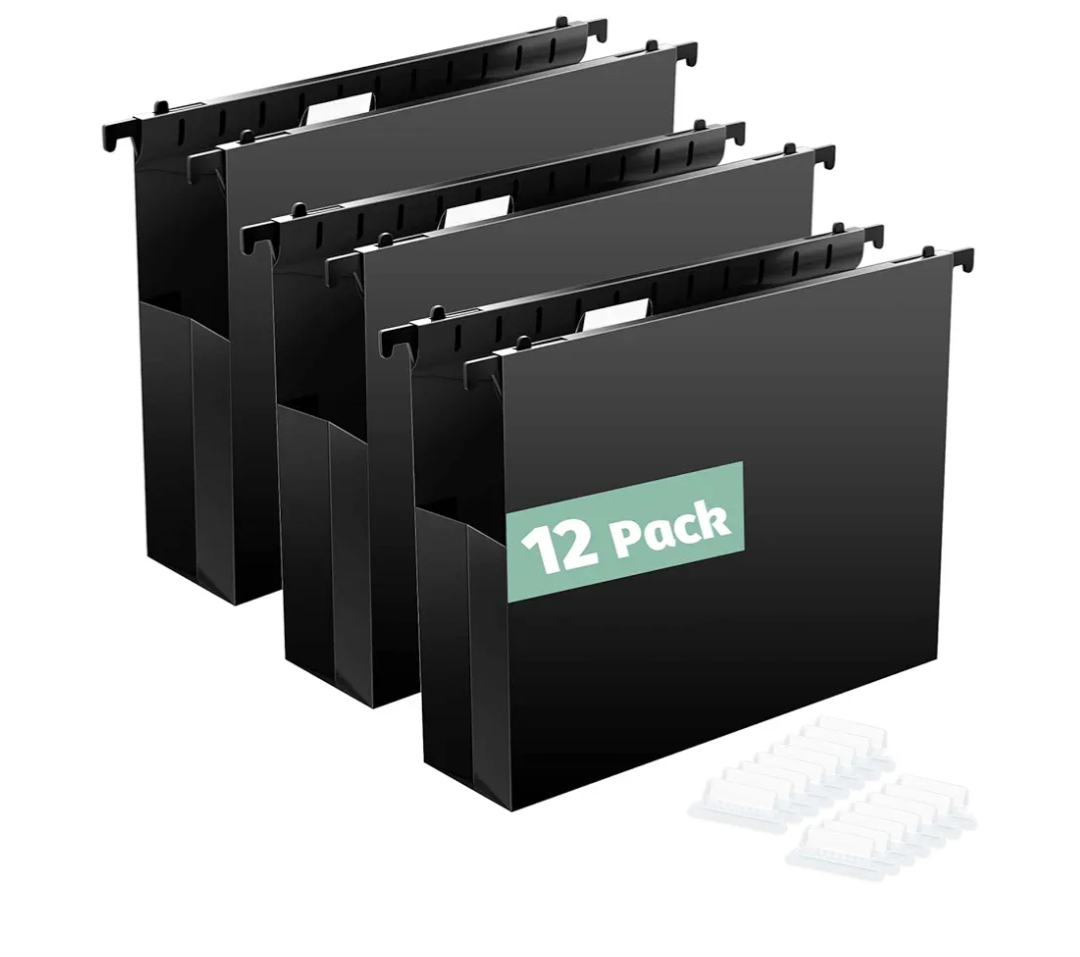Extra Capacity Plastic Hanging File Folders, 12 Pack Reinforced Hang Folders Letter Size, Accordian Pocket, Heavy Duty 2 Inch Expansion, Hard Hanging Folder Organizer for Office Home,Black