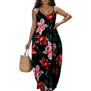 Nhicdns Women's Summer Plus Size Hawaiian Dresses Tie Dye Spaghetti Strap Maxi Dress Beach Boho Casual Sundress (3X-Large, Red)