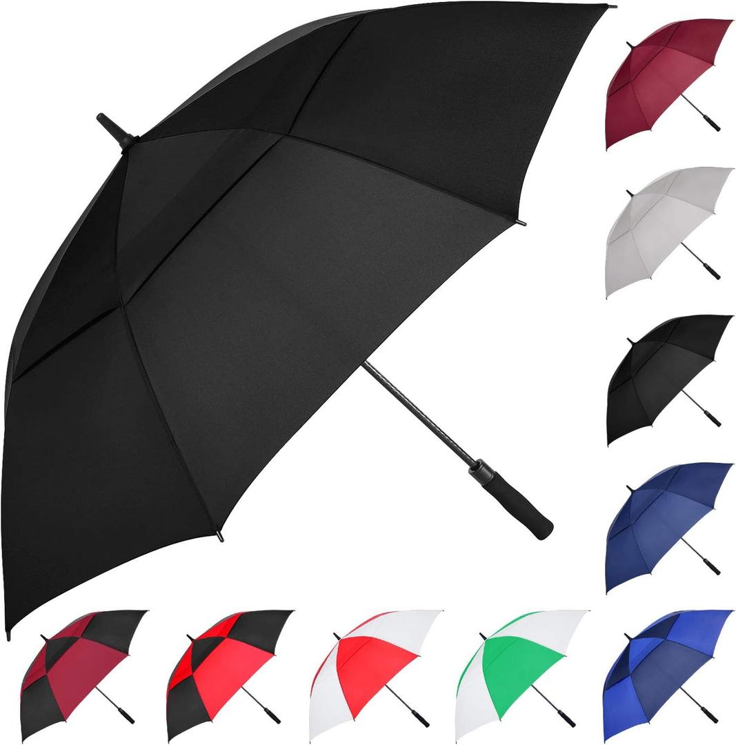 MRTLLOA Extra Large Black Golf Umbrella, Automatic Open, Oversize Double Canopy Vented Windproof Waterproof Sports Stick Umbrellas for Rain (62 Inch Black)
