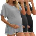 Riyiper 3 Pack Women's Maternity Tunic Shirts Cotton Summer Pregnancy Clothes Loose Oversized Split Side Blouse Tops (X-Large, Light Gray, Dark Gray, Black)