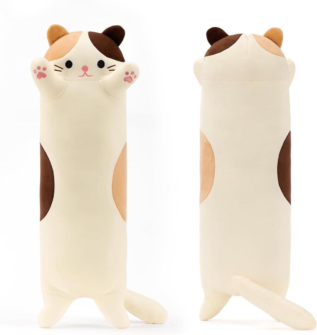 PEACH CAT 27.5" Long Cat Plush Pillow Cute Kitten Stuffed Animals Soft Plushies Toy Gifts for Kids Beige