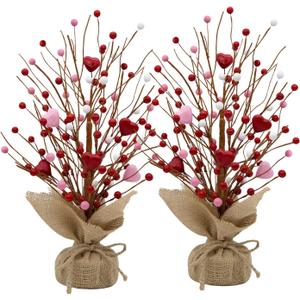 Valentine's Day Artificial Heart Berry Tree Decor - 2 Pack 16-Inch Red & Pink Valentine's Day Table Centerpieces for Valentines Day Indoor Decorations