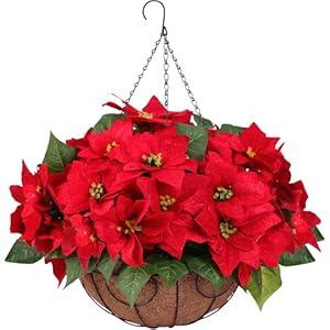 Artificial Christmas Poinsettia Flowers with Hanging Basket for Outdoor Decoration Red Velvet Poinsettia Bouquet Potted Fake Plants Faux Silk Christmas Flowers for Home Porch Garden Patio Xmas Decor