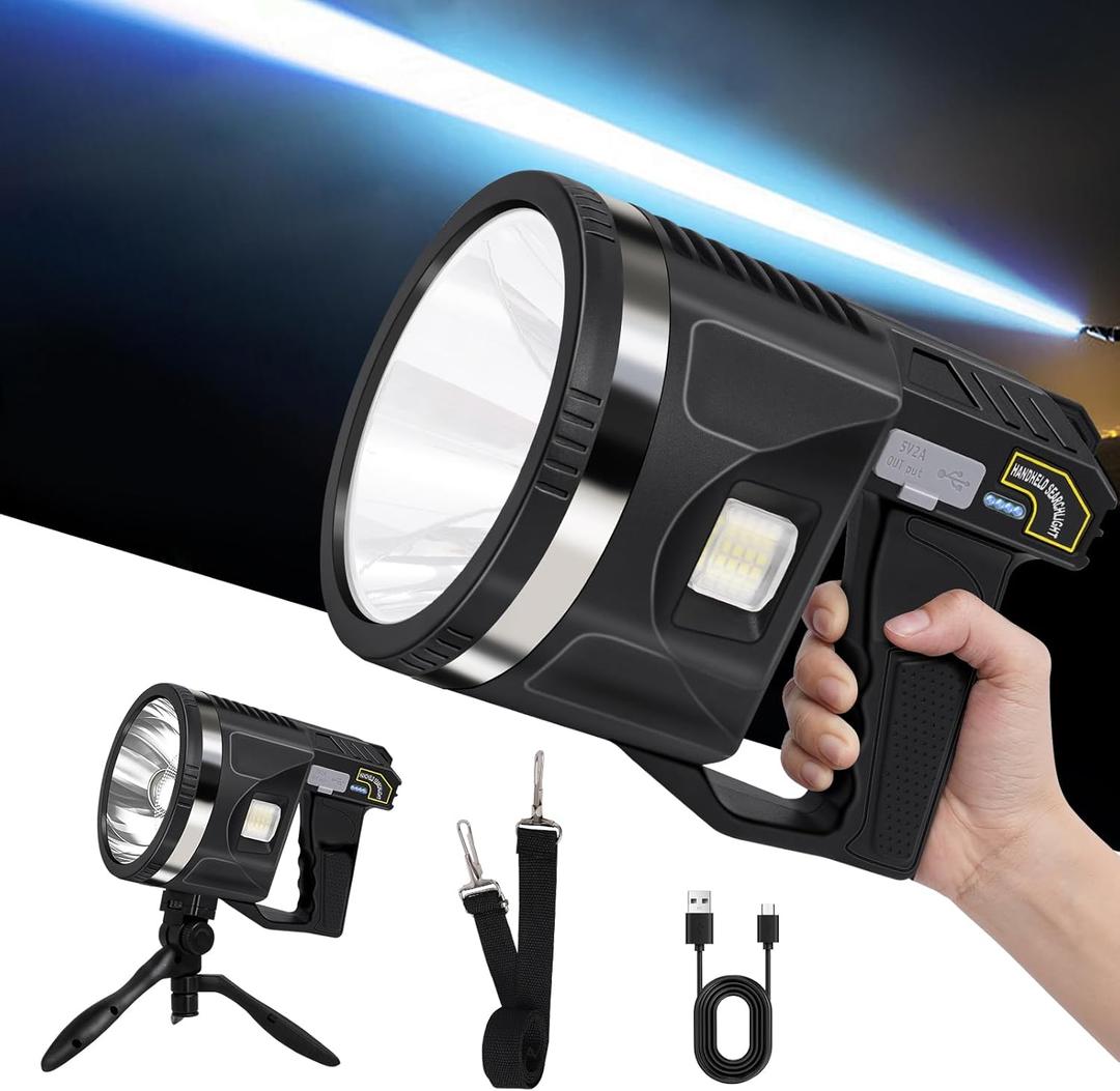 Spotlight 1000000 Lumens, 6 Modes Super Bright LED Rechargeable Spotlight Flashlight with Cob Light, Tripod, Strap, 24000mAh 25Hrs IPX7 Waterproof Spot Lights Outdoor Handheld for Boating, XXL