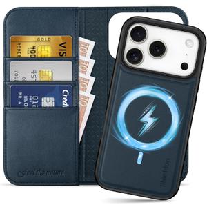SHIELDON Detachable Wallet Case for iPhone 17 Pro 6.3" | Genuine Leather, Wireless Charging, RFID Blocking Credit Card Slot, Flip Magnetic Closure, Removable Shockproof Phone Cover 2025 - Navy Blue
