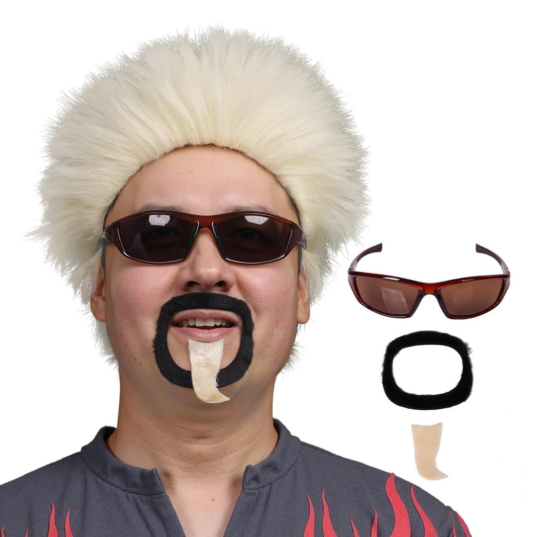 Short Blonde Wig with Glass and Goatee for Halloween Cosplay Party