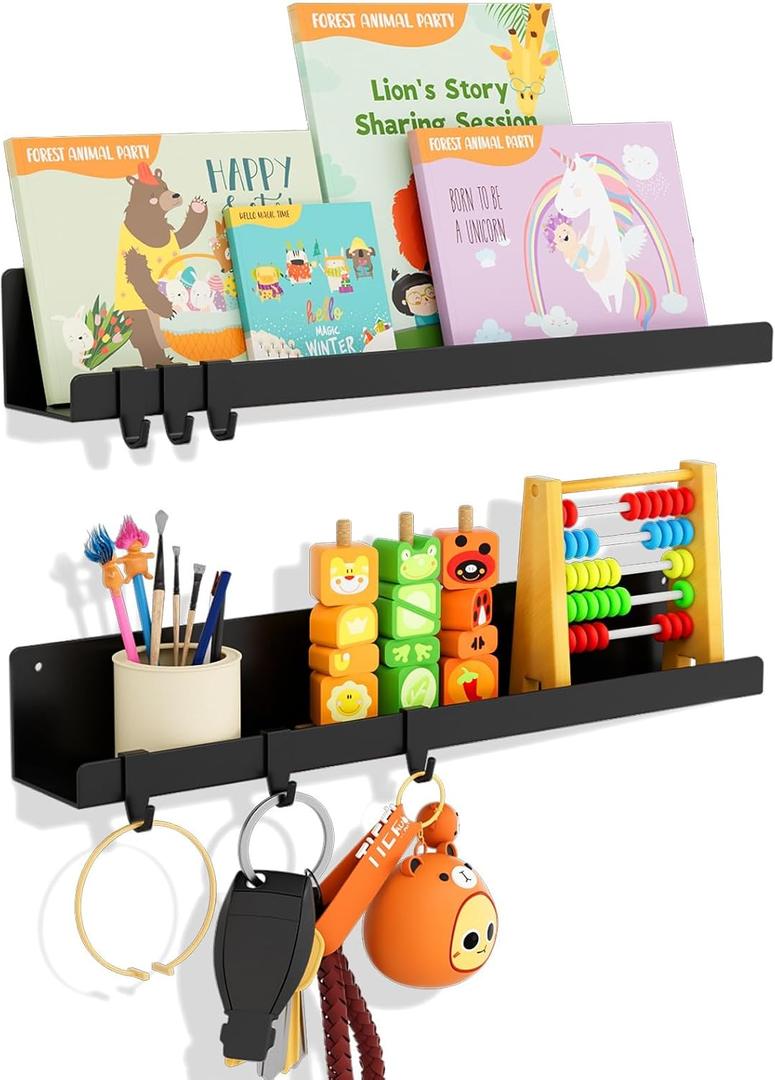 2-Pack Magnetic Book Shelf for Whiteboard - 17 Inch Reusable Metal Magnetic Shelves, Holds 14.33 lbs, Magnetic Book Display for Classrooms, Kitchen(New Black)