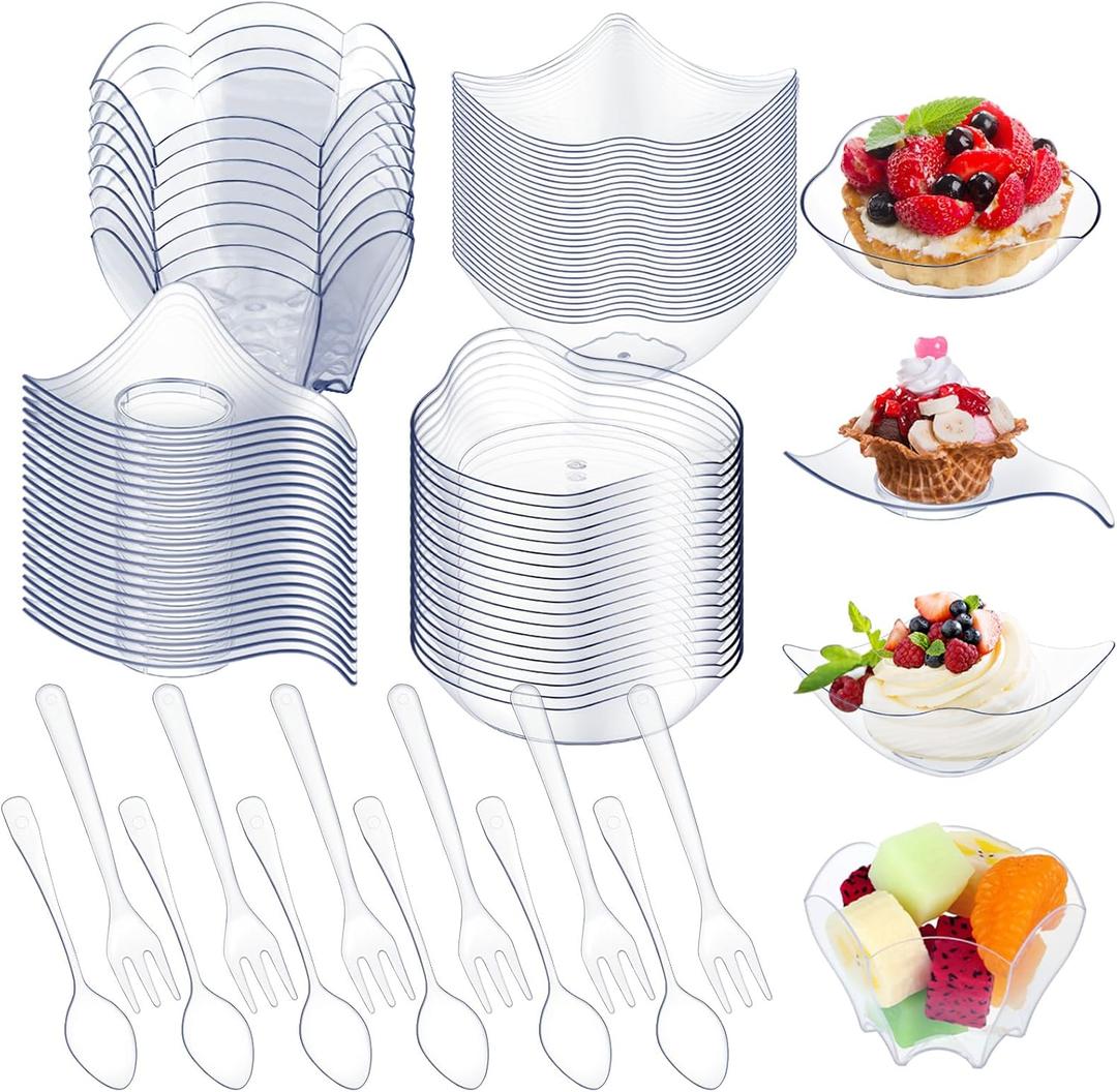 Tessco 200 Pcs Mini Appetizer Plates with Spoons Forks Disposable Mini Dessert Plates Plastic Appetizer Bowls Tiny Individual Serving Trays for Party(Clear, Modern)