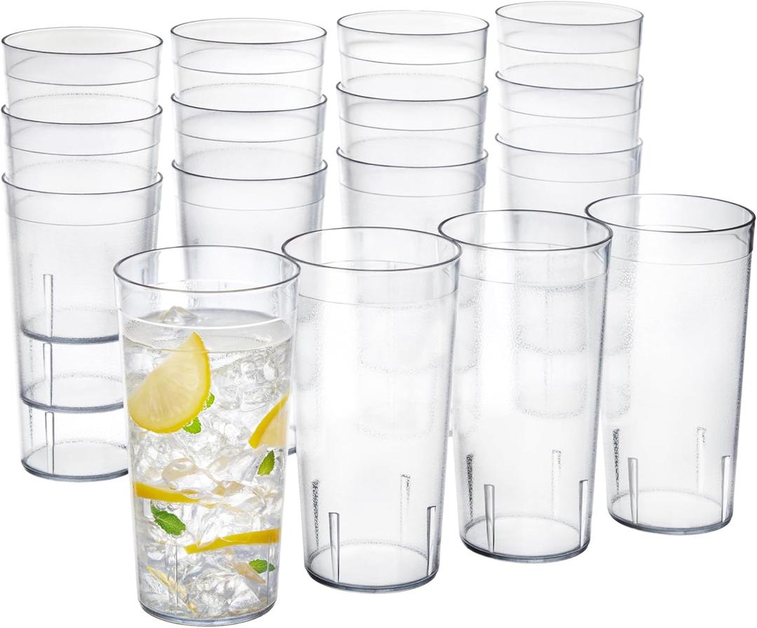 US Acrylic Cafe Plastic Reusable Tumblers (Set of 16) 20-ounce Water Cups in Clear | Value Set of Restaurant Style Drinking Glasses, Stackable, BPA-free, Made in the USA | Top-rack Dishwasher Safe