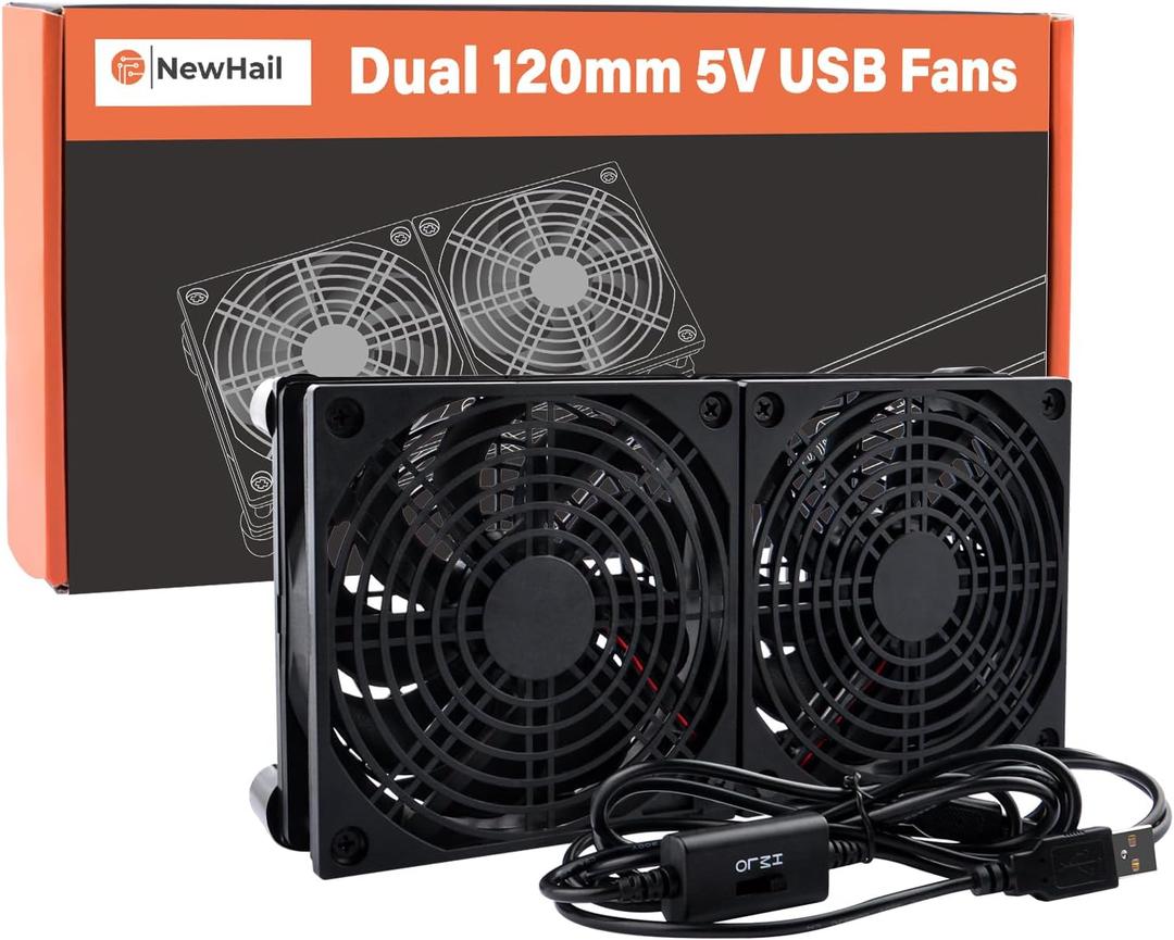 Quiet Router Fan Cooler with 3 Speed Control, L/M/H, DC 5V USB Powered Dual 120mm Computer Cooling Case Fan for Routers Modem Receiver DVR PlayStation TV Box