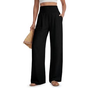 Tallemon Tall Women's 34" Inseam Palazzo Pants High Waisted Casual Wide Leg Summer Beach Lounge Trousers Black, L