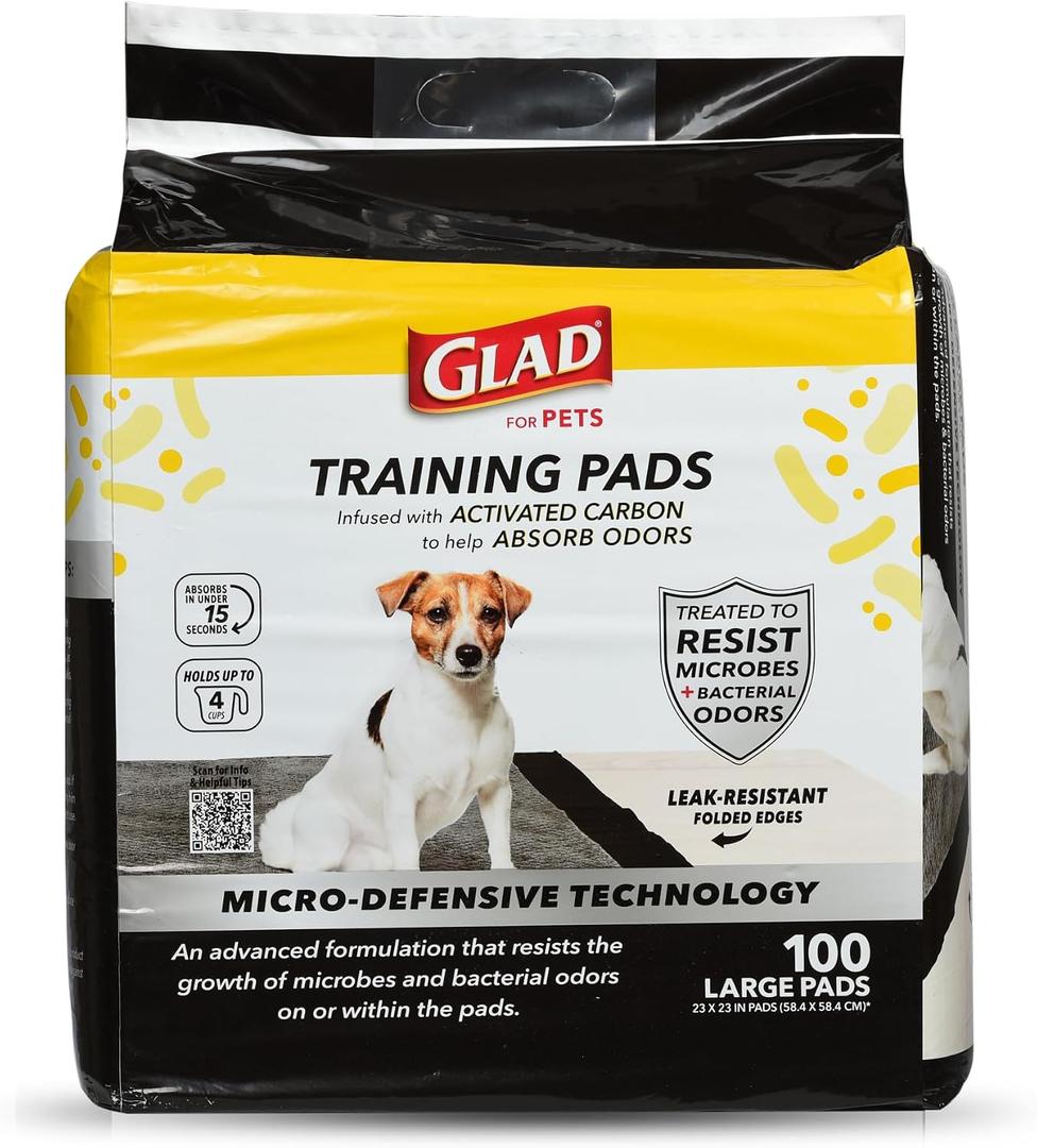 Glad for Pets Activated Carbon Puppy Training Pads with Anti-Microbial Technology, Odor Control Pee Mats for Dogs, 6-Layer Leak-Proof Heavy Duty Indoor Potty Pads, 23 x 23 Inches, 100 Count