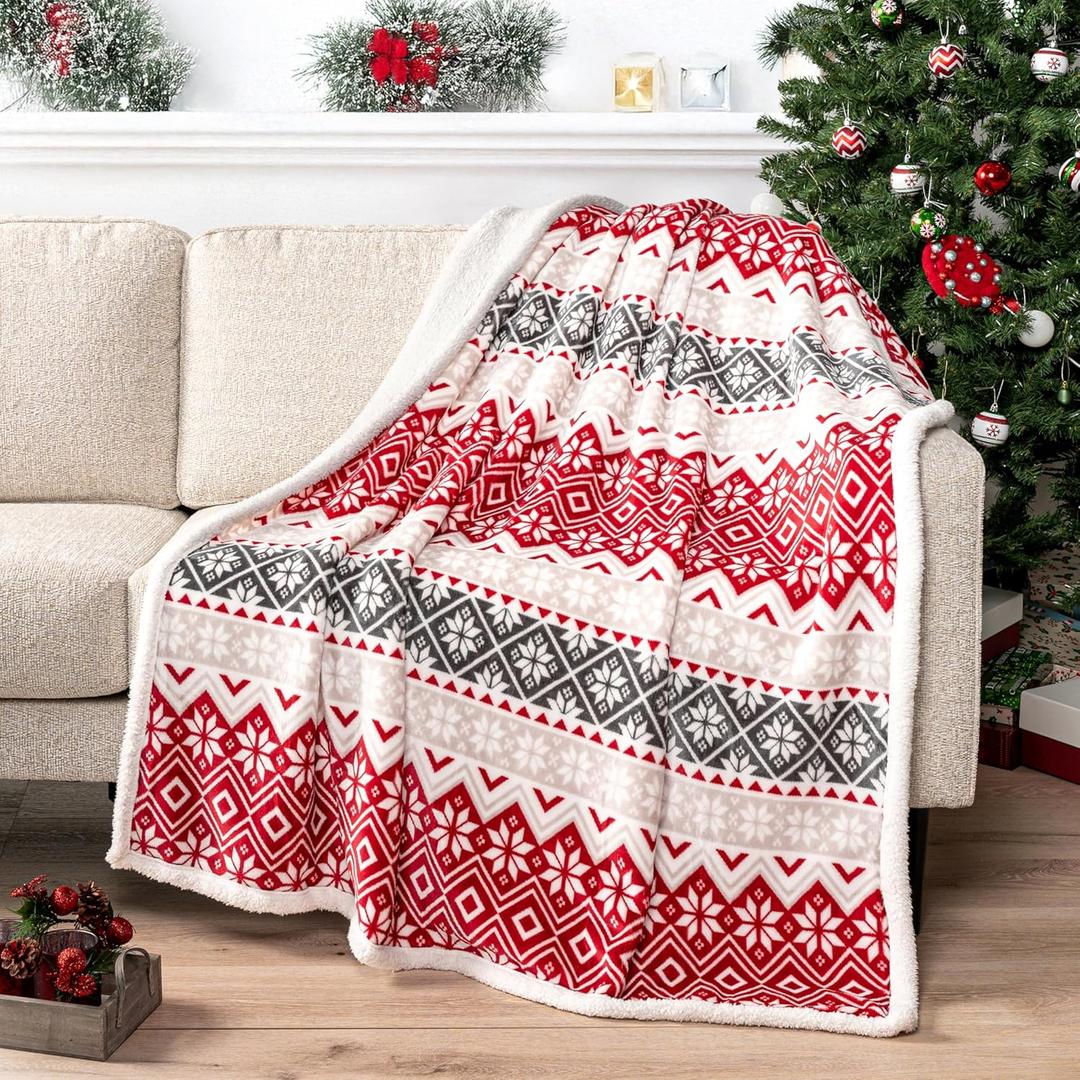 PAVILIA Premium Christmas Sherpa Throw Blanket, Red White Snowflake Holiday Blanket, Ultra-Soft Reversible Fleece Winter Throw for Home Decoration, Cozy Plush 50x60