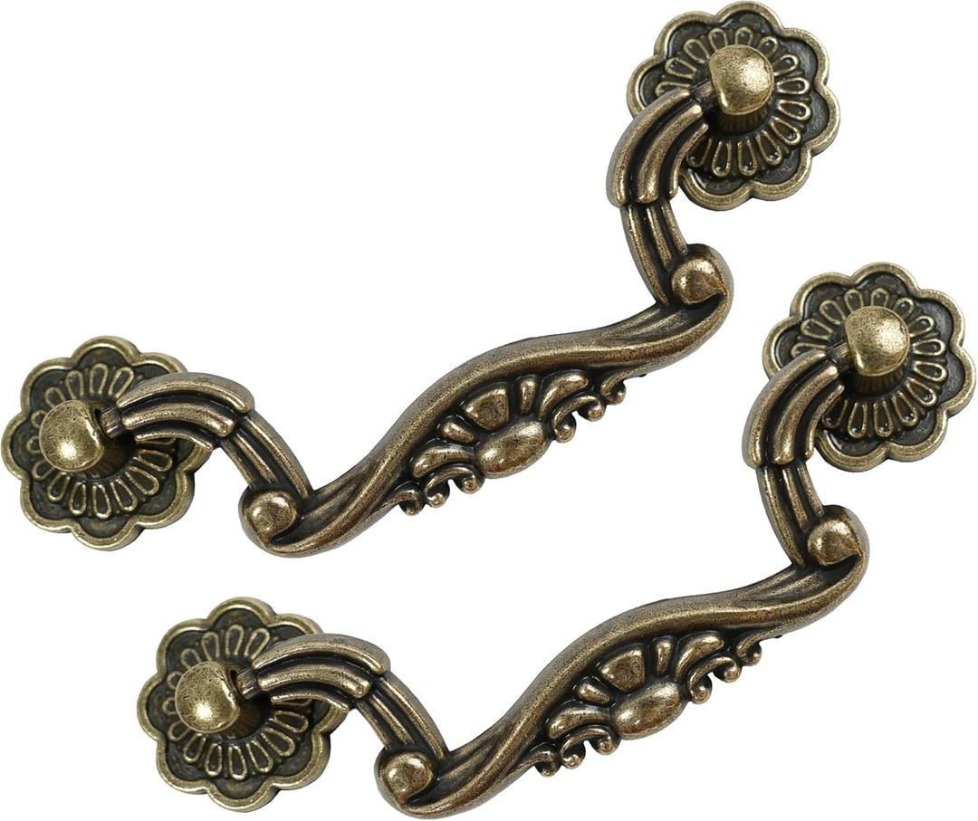 6-Pack Antique Brass Drop Bail Pulls for Cabinets, 3" Hole Centers, Vintage Floral Decorative Handles for Dresser Drawers, Wardrobe Cupboards
