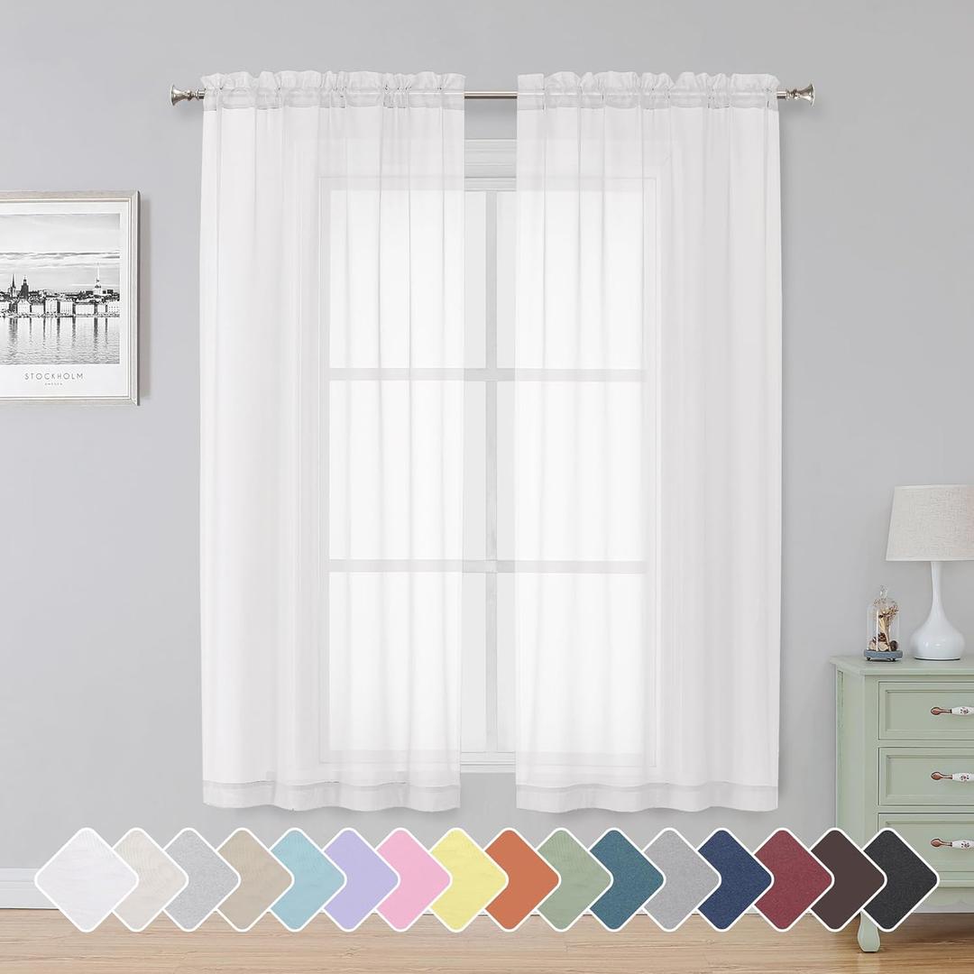 Simplebrand Sheer White Curtains 63 Inch Length 2 Panels, Rod Pocket Solid Color Window Sheer Curtain Panels, Elegant Curtains & Drapes for Living Room, Bedroom 2 Panels (White, 42" W x 63" L)