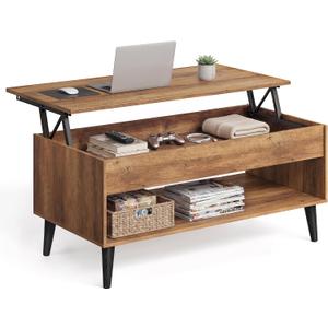 VASAGLE Lift Top Coffee Table, Lift Tabletop Dining Table, Gas Spring, Hidden Compartment, Open Storage Shelf, for Living Room, Home Office, Honey Brown ULCT268KB01S