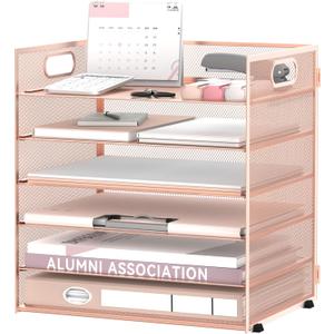 Daltack 6 Tier Paper Organizer for Desk, Paper Letter Tray Organizer for Desks, Mesh Desk File Organizers with Handle for Office, Home, School, Rose Gold