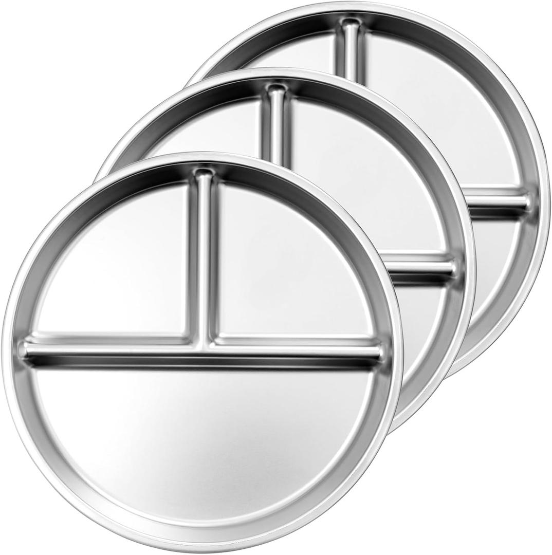 Tainless Steel Kids Plates 3 Packs, 9" Portion Control Plate Divided Plates for Toddler & Adults, Non Toxic Unbreakable, Balanced Diet Dinner Trays for Home, Camping & Bariatric Diets