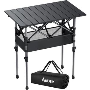 Anbte 2ft Small Roll Up Camping Table, 2 Adjustable Height Aluminum Portable Camping Table with Storage Net & Bag, Lightweight Waterproof Folding Table for Indoor Outdoor BBQ Picnic, 25 X 16, Black