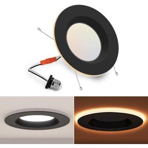 POWERASIA 1 Pack Black 5/6 Inch LED Can Lights with Night Light, 5CCT Retrofit Recessed Lighting Selectable 2700K-6000K Dimmable, 12W=75W, 1200LM Downlight with Metal Smooth Trim-ETL and Energy Star (5CCT+NT-BK)