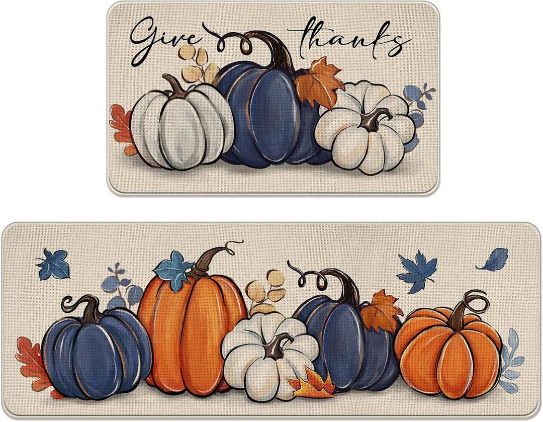 Thanksgiving Blue White Pumpkin Kitchen Rugs Set of 2, Fall Give Thanks Maple Leaves Kitchen Mats Decor, Autumn Seasonal Floor Door Mat Home Decorations - 17x29 and 17x47 Inch