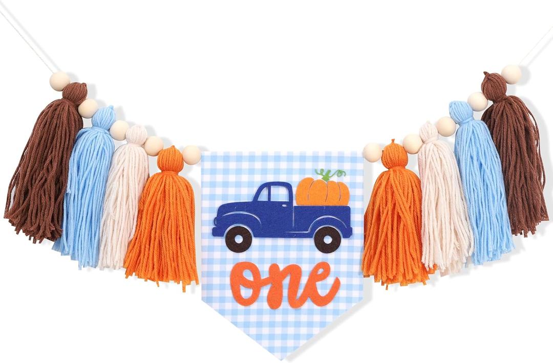 Pumpkin 1st Birthday High Chair Banner for Boys - Boy Blue Truck First Birthday Decorations, Our Little Pumpkin Is Turning One Highchair Banner, Fall 1st Bday Decor