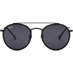 Pro Acme Double Bridge Round Sunglasses for Women Men 100% Real Glass Lens Retro UV400 Protection Retro Circle Sun Glasses (Black/Grey)