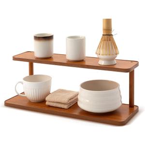Yalikop 15.3'' 2 Tier Matcha Station Shelf Coffee Station Organizer Waterproof Bamboo Mug Holder Countertop Desk Flower Pot Holder Plant Stand Shelf Tea Coffee Bar Accessories for Kitchen Living Room