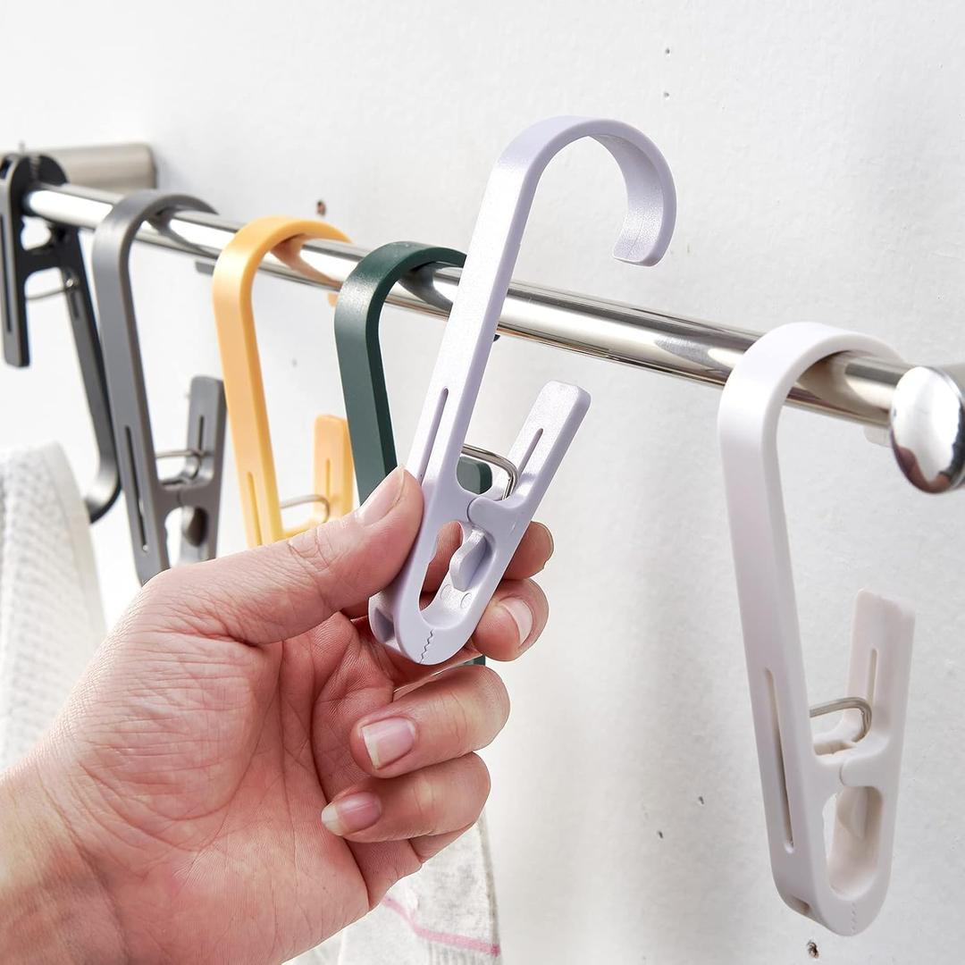 Large Clothes Pins Towel Clips, 8 Pcs Multipurpose Clothes Pins Hook, Strong Plastic Clothes Hanger. S Hook for Shower Curtain Laundry Clothes pins (White+grey+black+green)